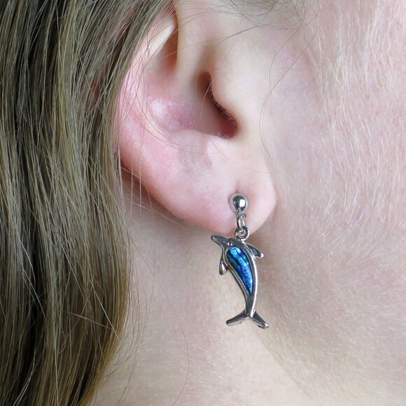 Dolphin Earrings -NEW- Vintage Paua Shell Silver Plated Dangle Earrings - Picture 2 of 2